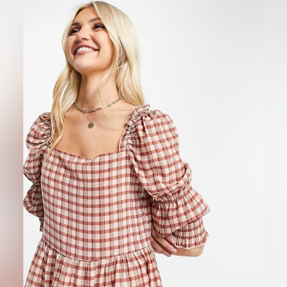 NWT QED London Square Neck Half Sleeve Tiered Smock Gingham Tan Dress Sz 8 - Picture 3 of 8